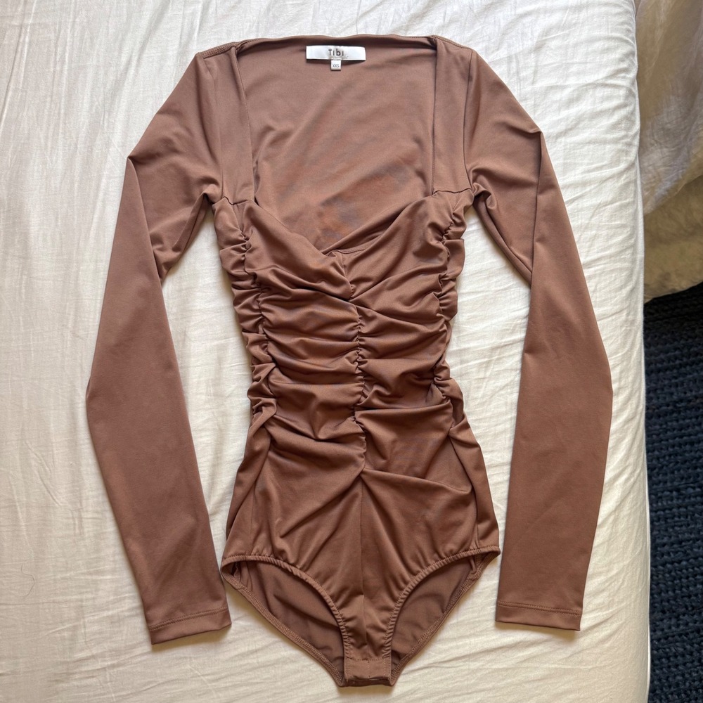 NWT TIBI tan brown ruched long sleeve knit bodysuit